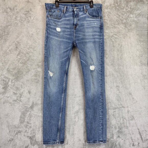 Levis 510 Jeans Mens 34 Blue Distressed Stretch Denim Ripped Knees Skinny Fit - Picture 1 of 16